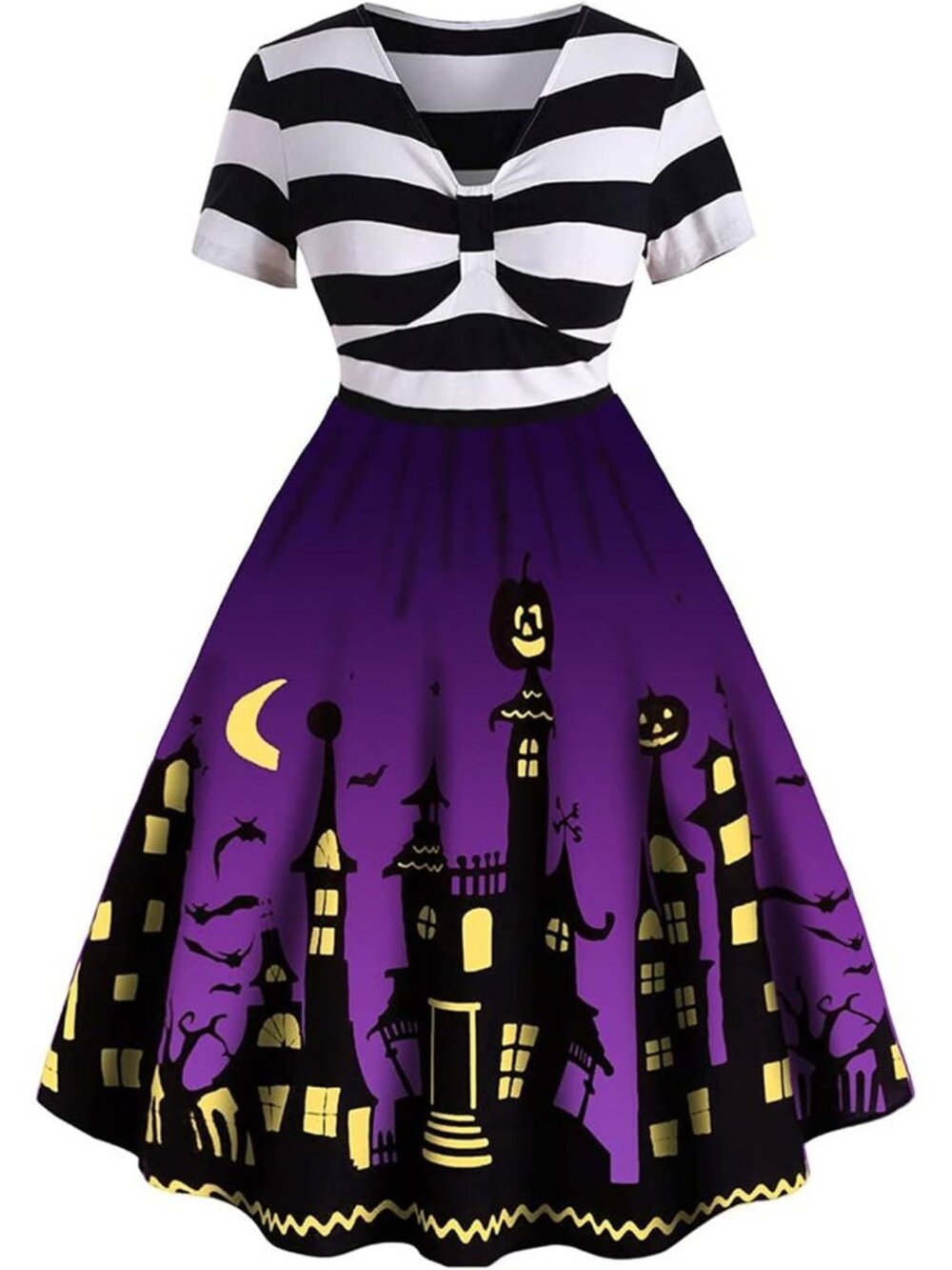 🎃Women's Purple Funny Striped A-line V Neck Short Sleeve Halloween Dresses